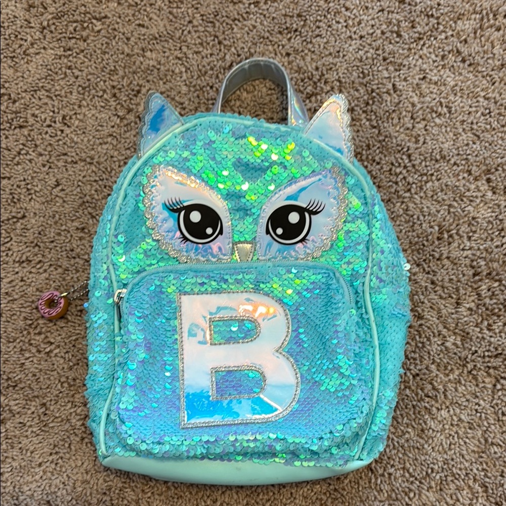 Justice Sequin Owl Kids Backpack - Aqua with a B